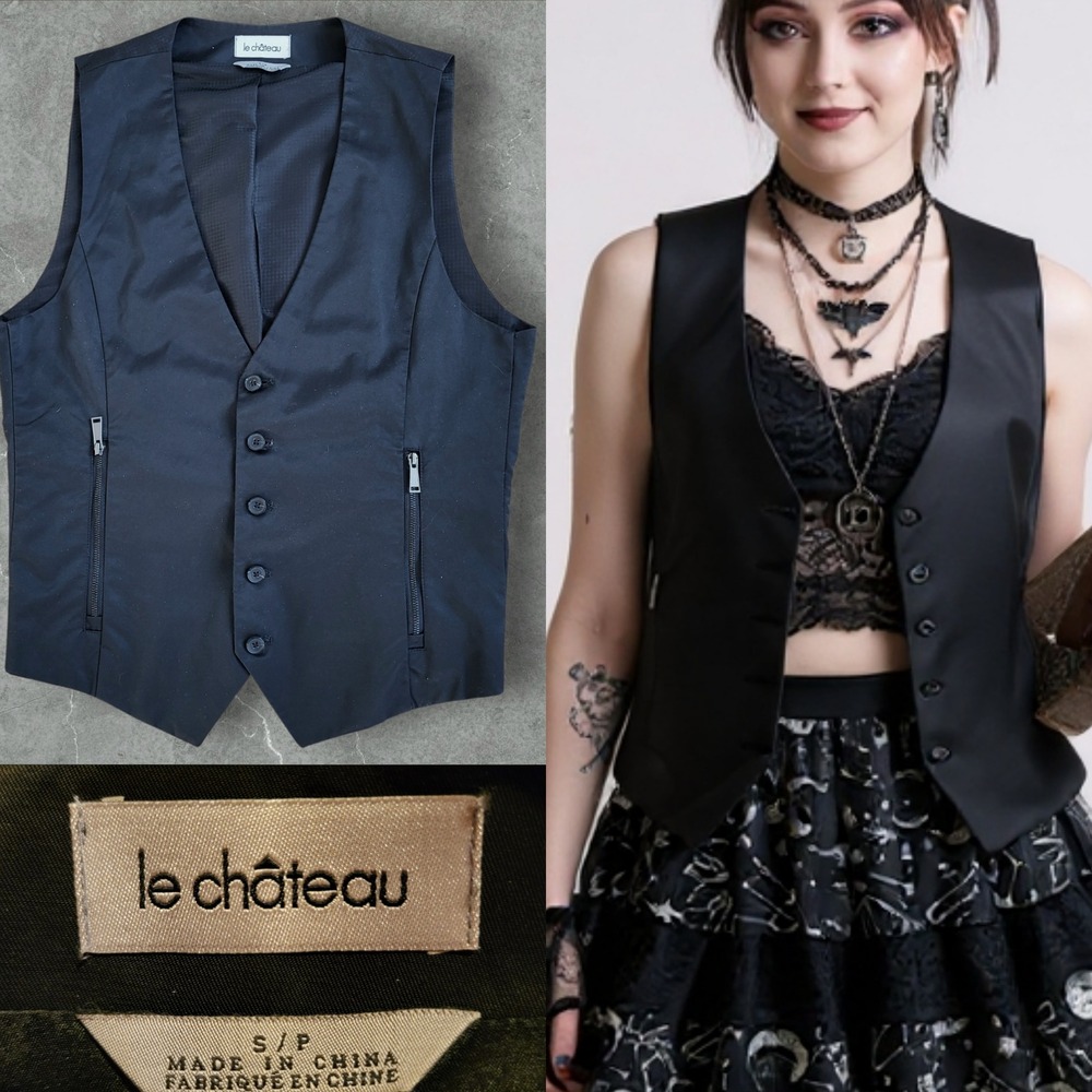 Le Chateau Vintage Black Vest Waistcoat 90s Size S